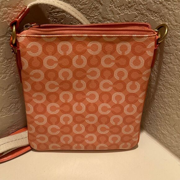 Coach Mini Messenger Crossbody Bag Purse Coral Cream Signature Logo Print - Picture 4 of 13